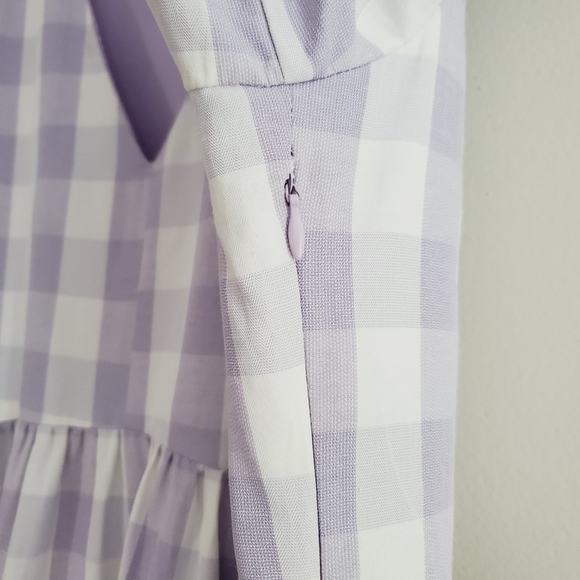 English Factory Gingham Tiered Puff Sleeve Midi Dress Lilac Lined - Picture 4 of 8